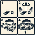Pictograma tipo manual de instrucciones en cuatro pasos mostrando cómo montar carpa y neveras en la playa
