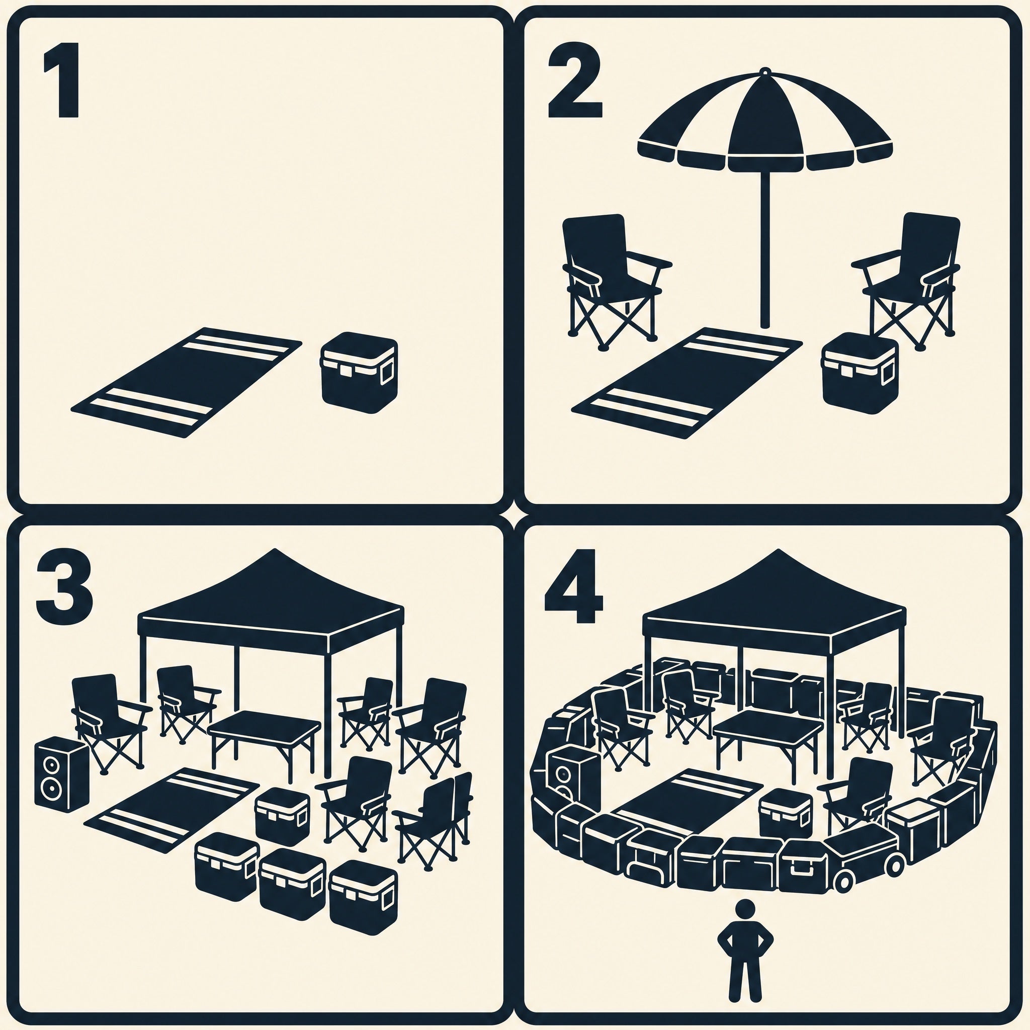 Pictograma tipo manual de instrucciones en cuatro pasos mostrando cómo montar carpa y neveras en la playa