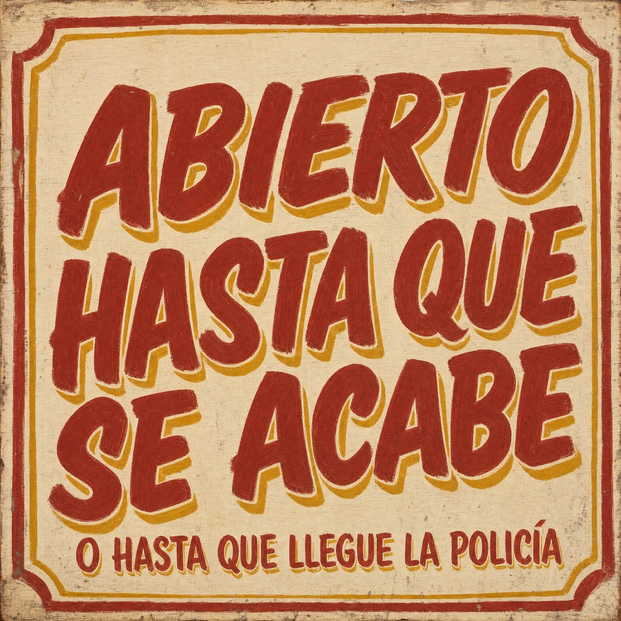 Rótulo pintado a mano estilo chinchorro que dice Abierto Hasta Que Se Acabe
