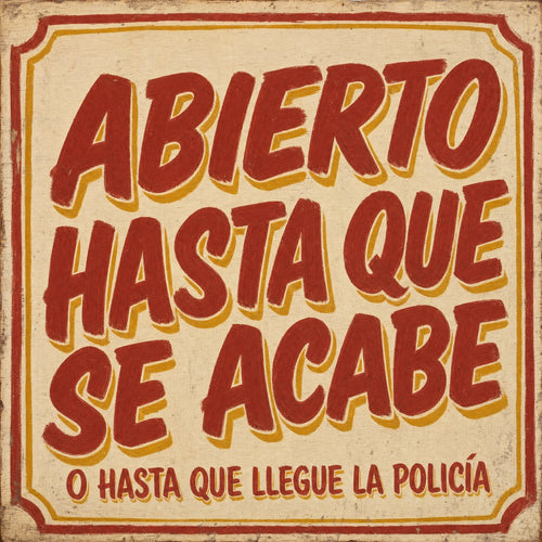 Rótulo pintado a mano estilo chinchorro que dice Abierto Hasta Que Se Acabe
