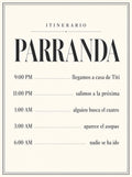 Itinerario impreso en formato de tabla de horarios con las paradas de una parranda navideña