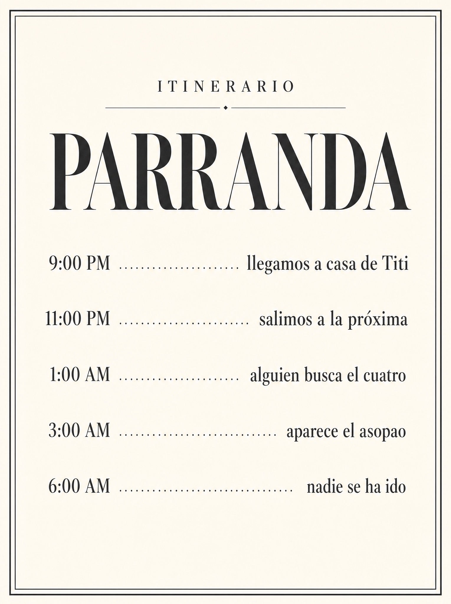 Itinerario impreso en formato de tabla de horarios con las paradas de una parranda navideña